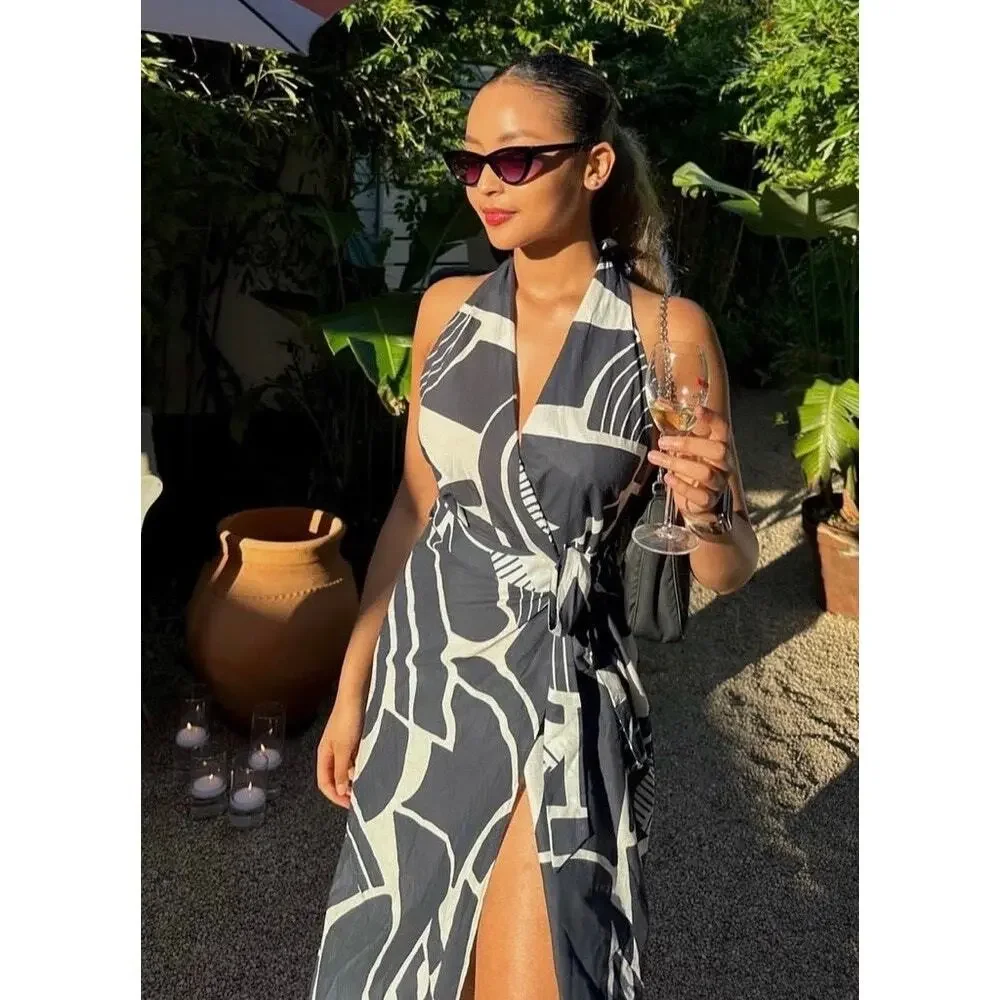 Zara The Nicole Printed Halter Wrap Navy/White Midi Dress Size Large Open Back - Picture 2 of 12
